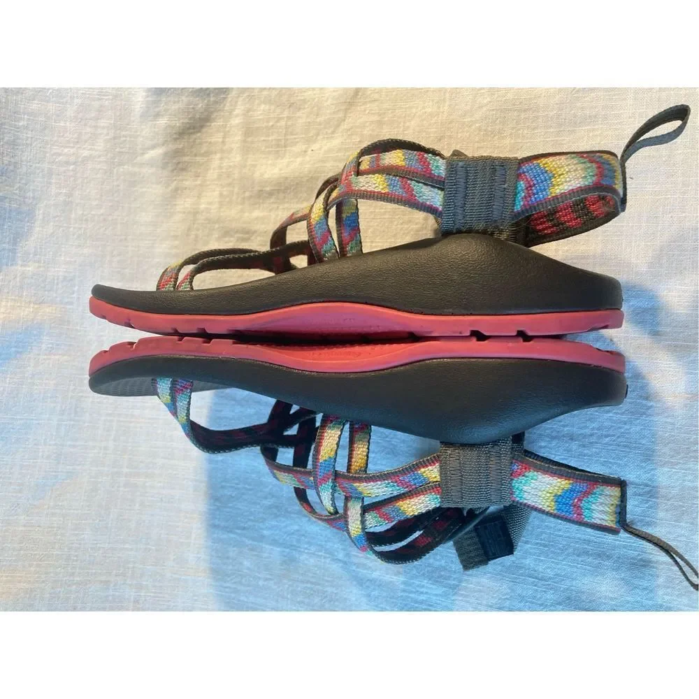 Chaco Kids Black Footbed Sandals with Multicolor Webbing and Pink Midsole